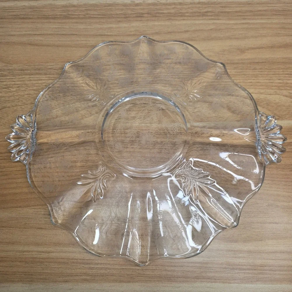 Vintage Fostoria Glass Clear Chintz Etched Baroque Handled‎ Cake Plate - 12.5